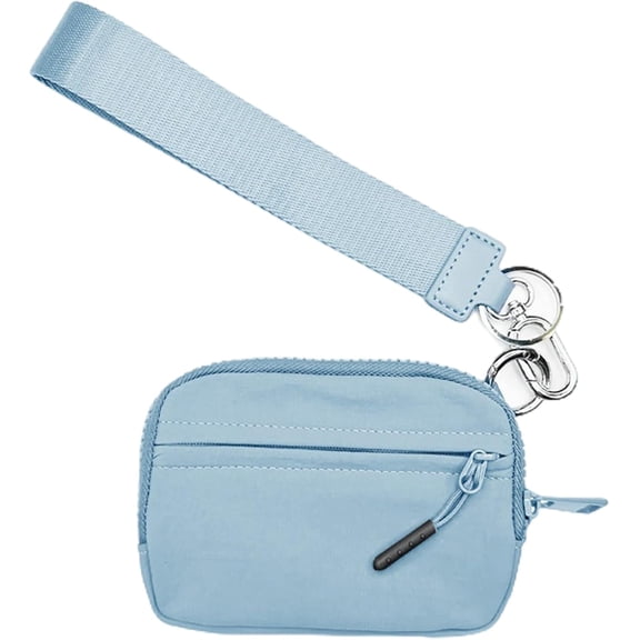 Mini Lightweight Wristlet Wallet for Women, 3-Zipper Travel Wallet with Clear ID Window, Portable Keychain Pouch with Detachable Hand Strap and Metal Hook for Everyday Carry (Sky Blue)