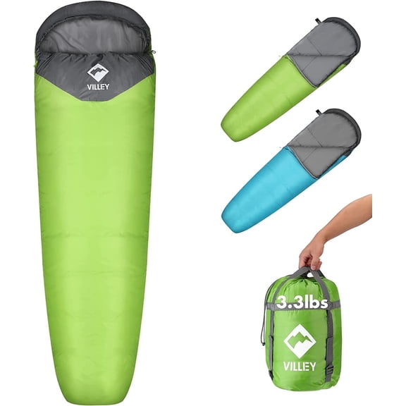 VILLEY Mummy Sleeping Bag, Lightweight Backpacking Sleeping Bag for Adults & Kids, Camping Hiking Equipment for 3-4 Seasons