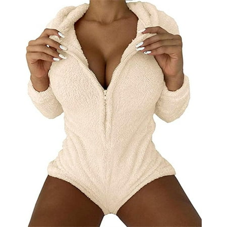 

Plnotme Womens Long Sleeve Hooded Romper One Piece Zipper Jumpsuit Solid Color Simple Short Fleece Warm Pajamas Soft Warm Bodysuit S-2XL