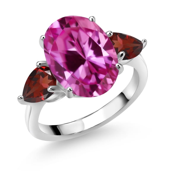 Gem Stone King 925 Sterling Silver Pink Created Sapphire and Red Garnet Ring for Women (7.54 Cttw, 14X10MM Oval and 7X5MM Pear Shape, Gemstone September Birthstone, Size 5)