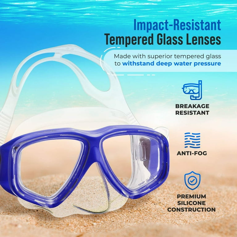Promate Snorkel Mask & Dry Snorkel Set - 2-Window Mask & Whistle Snorkel For Scuba & Diving (Blue)
