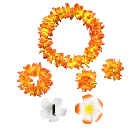 5PCS Hawaiian Luau Leis Party Decorations Supplies - Tropical Tiki Flowers Necklaces Bracelets Bulk Summer Pool Decor Favors Ornaments