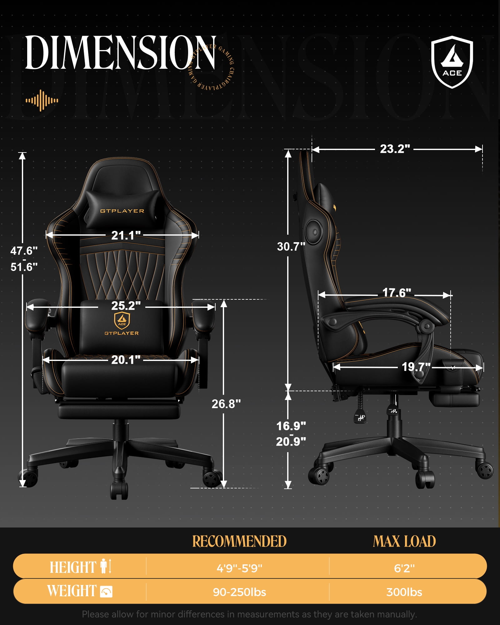 GTPLAYER Gaming Chair with Speakers, Video Game Chairs with Footrest, PC Gamer Chairs for Adults - Padded High Back Ergonomic Reclining Silla Gamer, Linkage Armrest, Ace Pro, Black & Orange Stitch