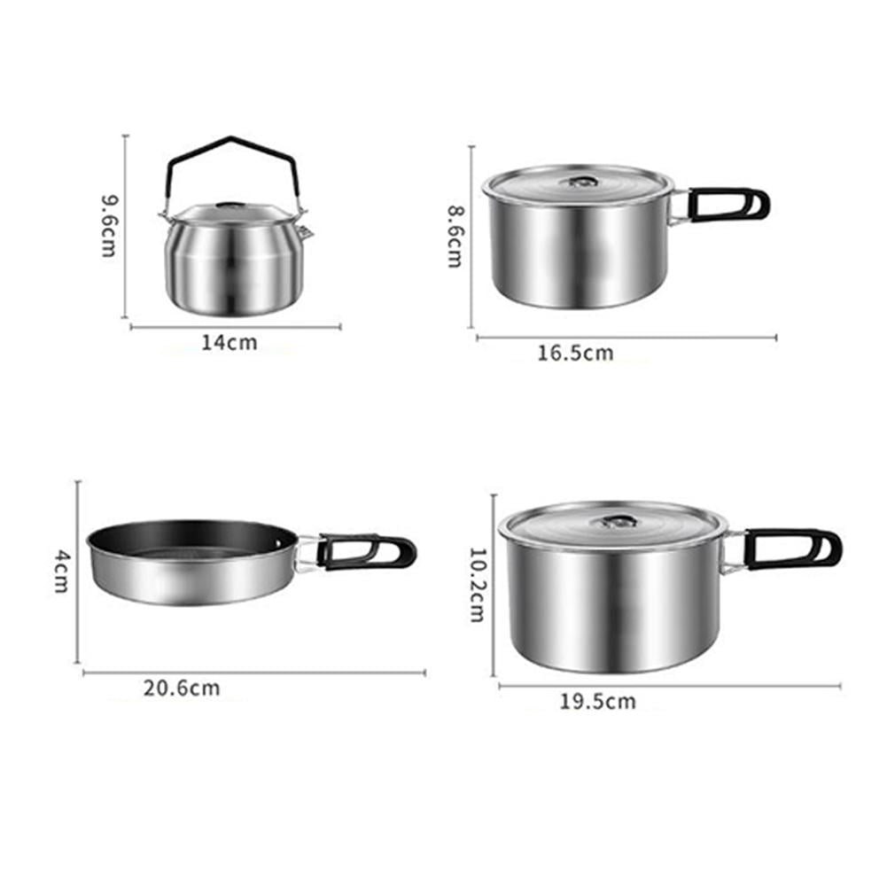 Camping Cookware Mess Kit, 4-Piece SUS304 Stainless Steel Camping Pots and Pans Set with 1.1L Kettle, Healthy No-Coating Nesting Cooking Set for Hiking & Backpacking, Silver (1 Set)