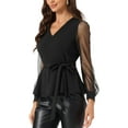 thumbnail image 4 of INSPIRE CHIC Women's Mesh Long Sleeve V Neck Ruffle Hem Peplum Top with Belt, 4 of 5