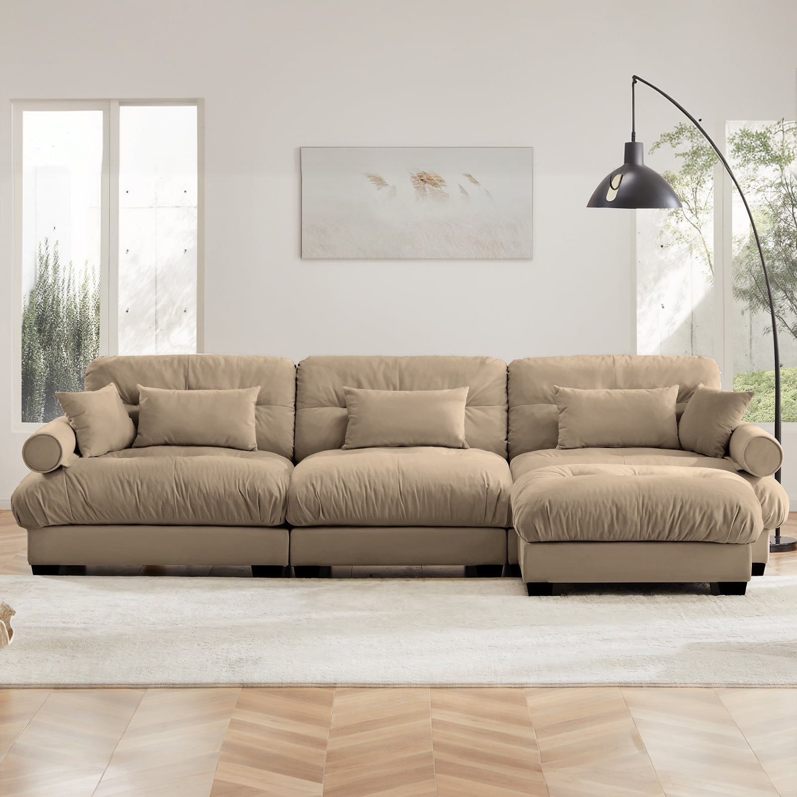 130"Oversized Couch, 3 Seater Modular Sectional Sofa, Camel Large L Shaped Sectional Couches for Living Room, Fluffy Couch Set, 3 Seater, Velvet Cloud Couch with Ottoman, Sofas for Living Room