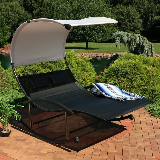 Sunnydaze Double Chaise Rocking Lounge With Canopy And Pillows Black, Portable Patio Lounge Chairs