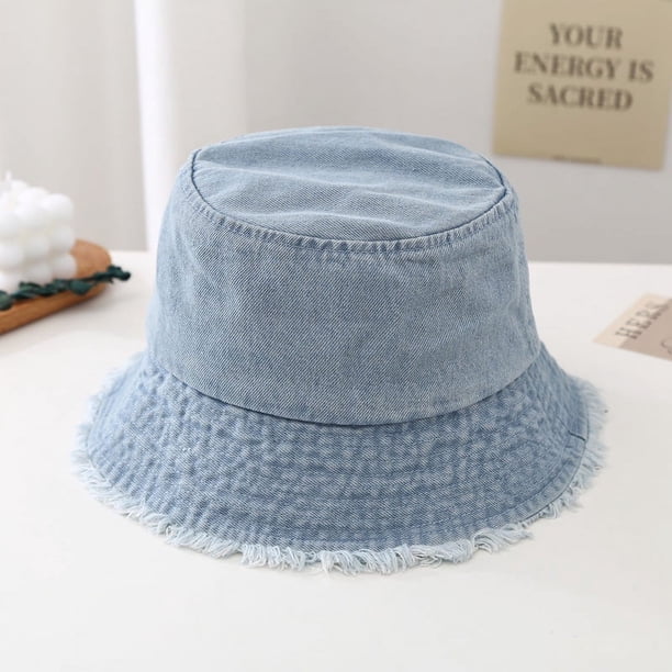 Sombrero de pescador de mezclilla deshilachada de color sólido, sombrero de lavabo con forma de cubo que cubre la cara lavado para mujer