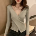 thumbnail image 2 of successthop Womens V Neck Knit Sweater Long Sleeve Tops Lightweight Pleated Trendy Pullover Outwear Solid Clothes Brown, 2 of 5
