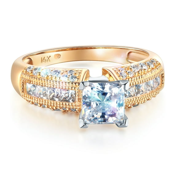 Wellingsale Ladies Solid 14k Yellow Gold Polished CZ Cubic Zirconia Princess Cut Engagement Ring with Side Stones - Size 4