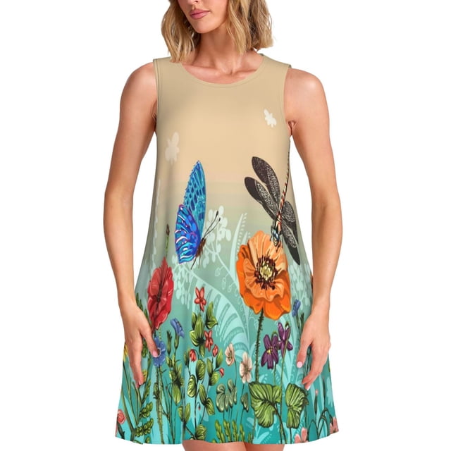 Balery Colorful Plants And Insects Vestidos de verano para mujer con estampado: vestido holgado sin mangas, vestido playero informal y cómodo para días calurosos.