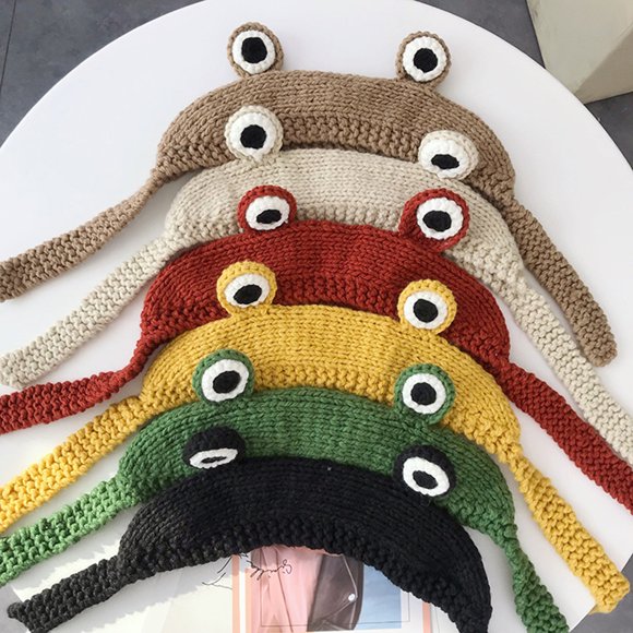 Koszal Hiver Mode Mignon Fille Grenouille Yeux Couleur Unie Oreille Tricotée Couvre Oreille Chapeau Earmuff