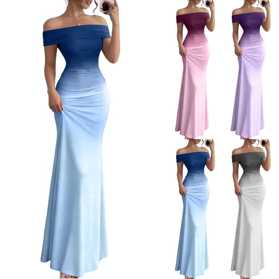 Laqbezok Women's Gradient Off-Shoulder Maxi Dress, French Chic Slim Fit Evening Gown, Ombre Ruched Mermaid Dress for Party Wedding