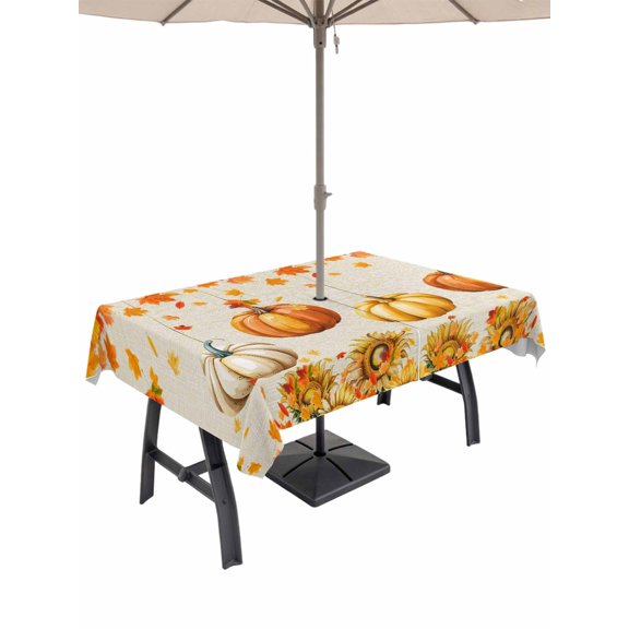 Outdoor Tablecloth with Umbrella Hole and Zipper, Fall Sunflowers Pumpkins Rectangle Table Cloth 60x102 Inch Waterproof Tablecloth, Thanksgiving Maple Leaves Vintage Picnic Table Cover for Patio