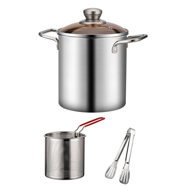 Casserole à Frire en Acier Inoxydable de 3 L avec Panier et Attaches, Friteuse Profonde Résistante à la Rouille en 304, Options à Double Poignée et Répartition Uniforme de la Chaleur, Compatible Lave-Vaisselle pour un Nettoyage Facile (Argent, Capacité de 3 Litres)