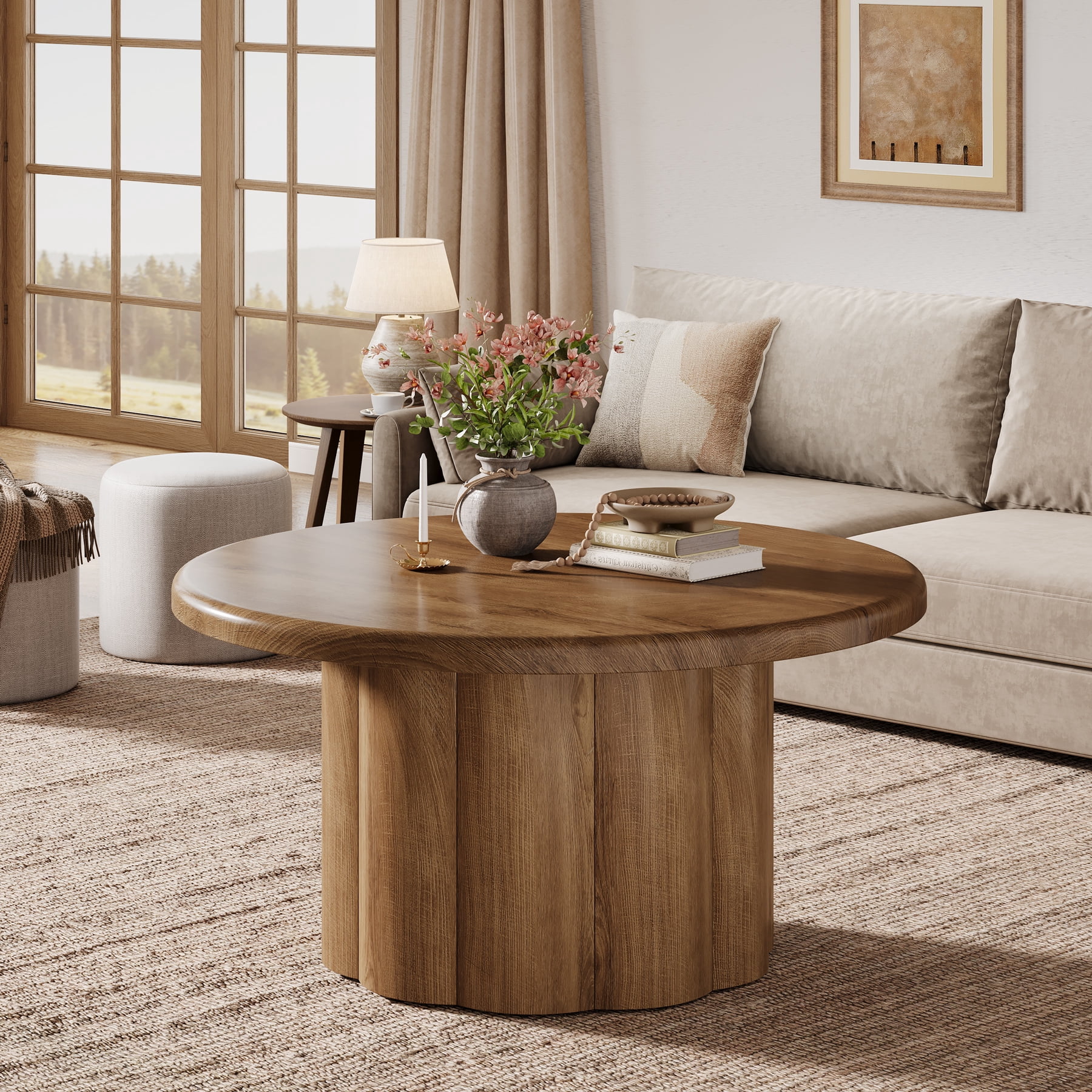Tribesigns Round Coffee Table, 31.5" Cocktail Table with Fluted Drum Base, Circle Table for Living Room
