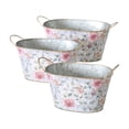thumbnail image 1 of 3 Pack Galvanized Oval Planters, English Rose Garden Pattern, Rolled Rims, Gold Handles, 13.5, 11.75, 10.75 Inches Long Botanical Themed, 1 of 7