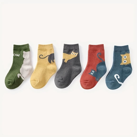 5 Pairs of Socks Cute Cartoon Cat Pattern Breathable Comfortable Boy And Girl Mid-Tube Socks