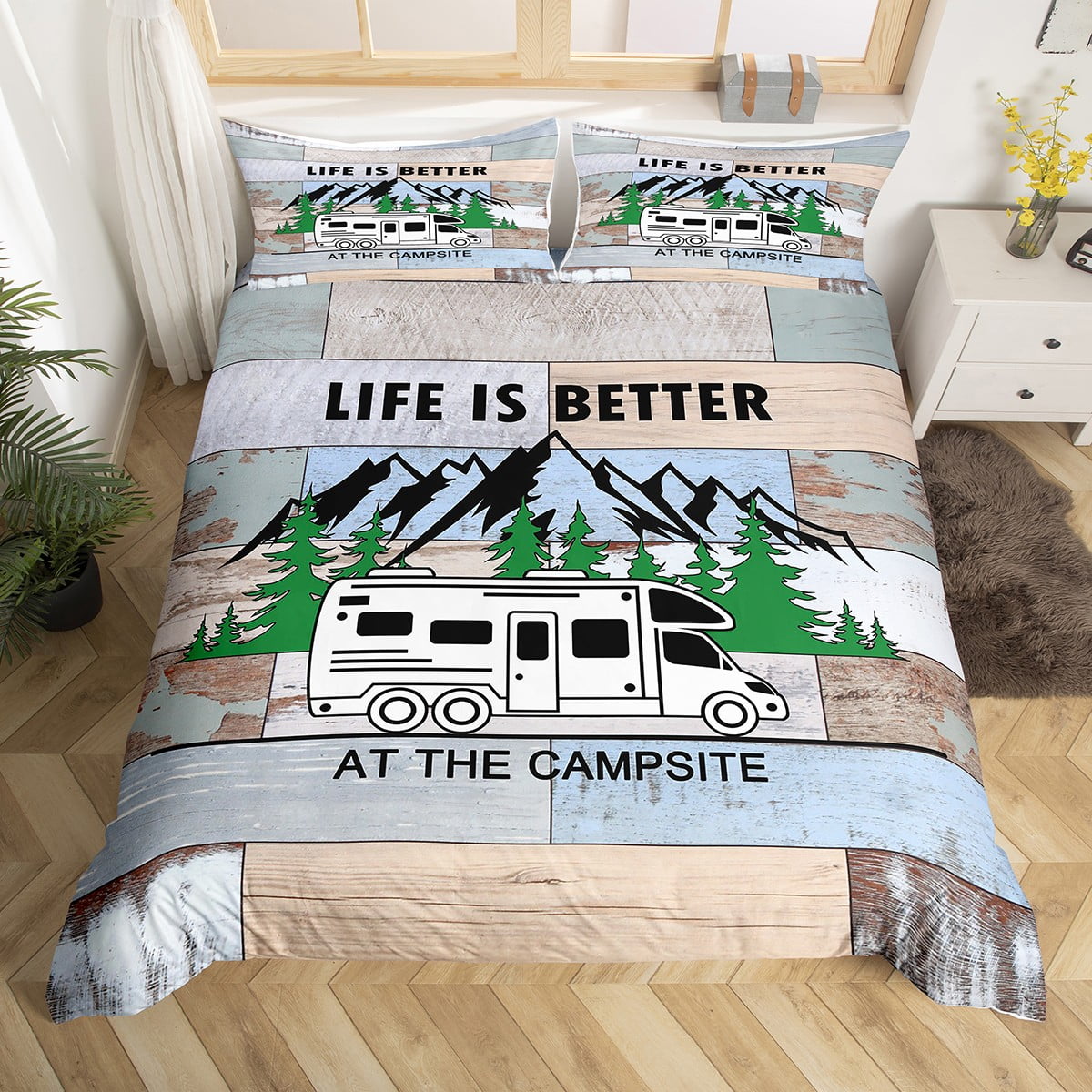 YST Boys Camper Comforter Cover Twin Size Rustic Farmhouse Camping