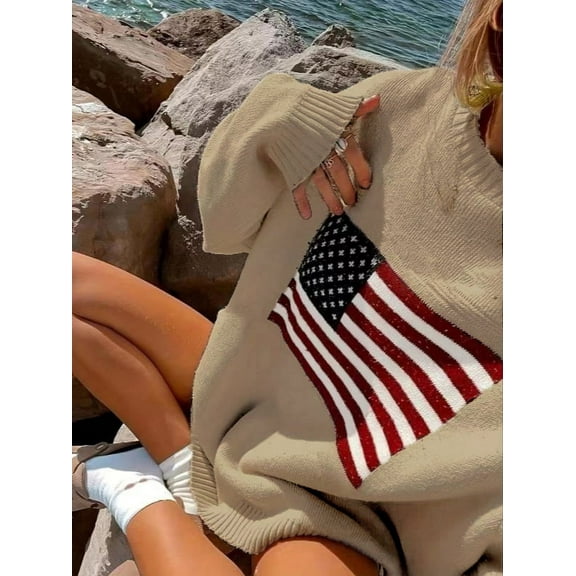 American Flag Sweater Sweater Long Sleeve Pullover (S, Beige)
