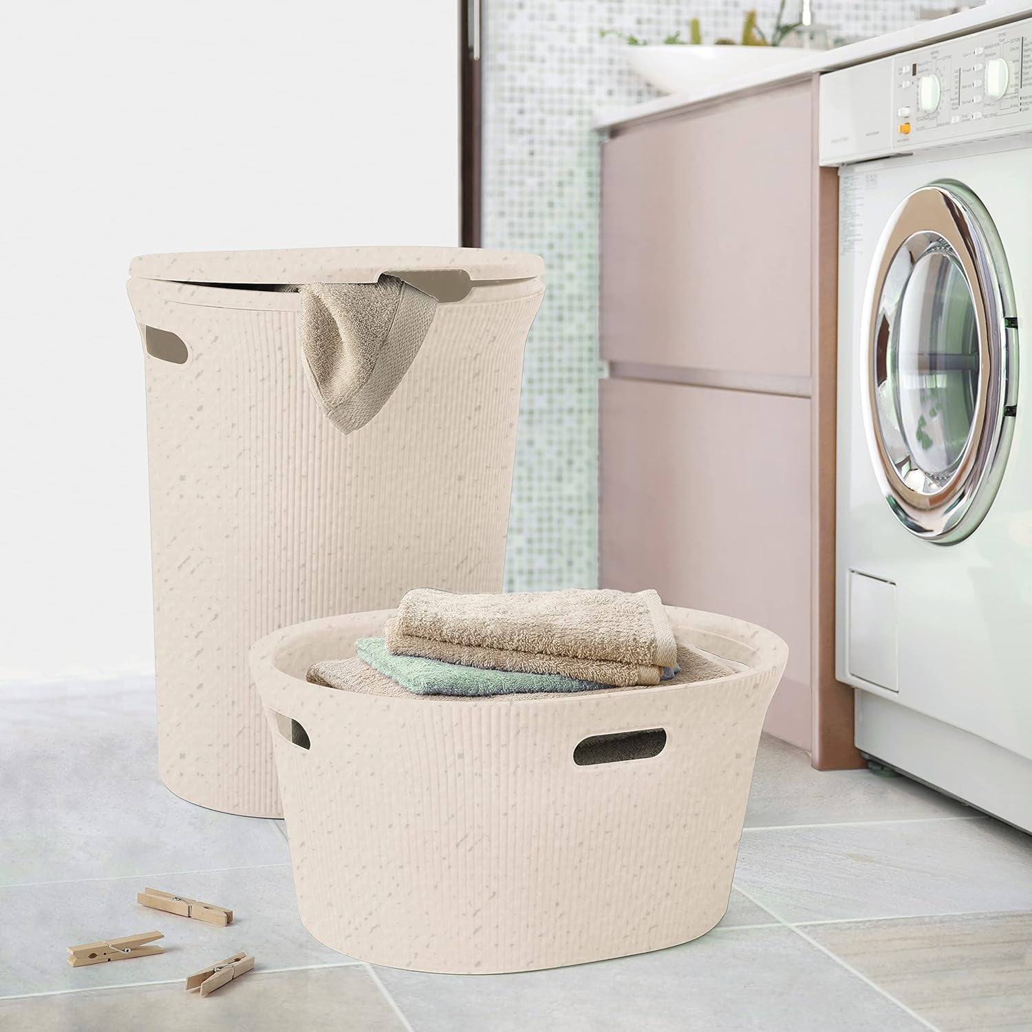 Superio Ribbed Collection - Eco-Friendly Decorative Plastic Laundry Basket with Cut-Out Handles, (1 Pack) Hamper Organzier