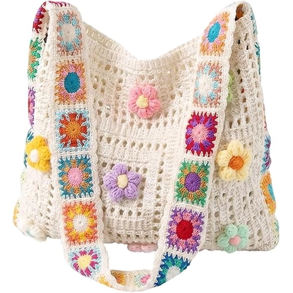 Women's Crochet Knit Shoulder Tote Bag โ Summer Boho Openwork Woven Handbag for Large Capacity Beach Travel(RL White)
