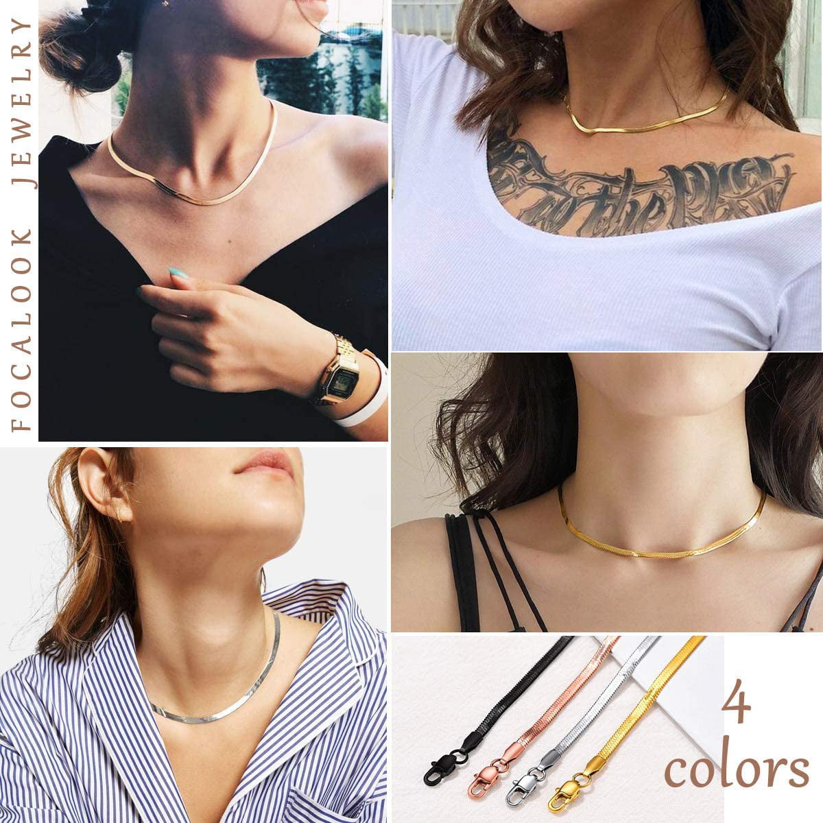 4 Colors FOCALOOK 3/5mm Flat Snake Chain Stainless Steel Necklace 18k Real Gold Plated for Women Men Teen Box 
