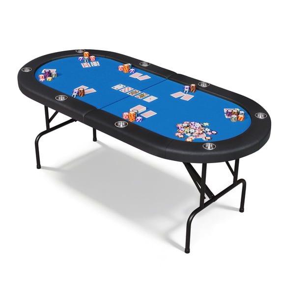 Garvee 8-Player Collapsible Pokerr Table - 71" Portable Casino Card Table for Texas Hold'em - Cushioned Raill & Cup Holders - Folding Design - Black Edge   Blue Surface