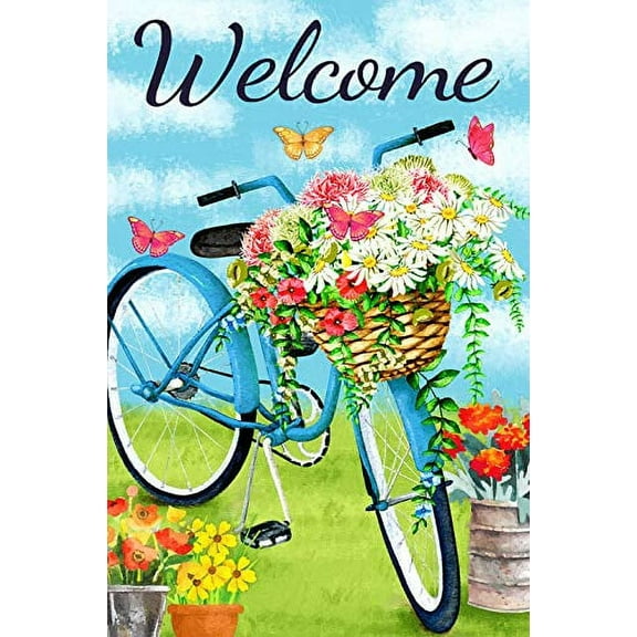 Texupday Welcome Blue Bicycle Flower Blooms Butterfly Decoration Spring Garden Flag Outdoor Yard Flag 12" x 18"