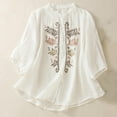 thumbnail image 2 of CheerKidz Women's Embroidered 3/4 Sleeve V-Neck Pullover Tops Imitation Cotton Linen Buckle Design Fashionable Blouse Bohemian Style(White,M), 2 of 9