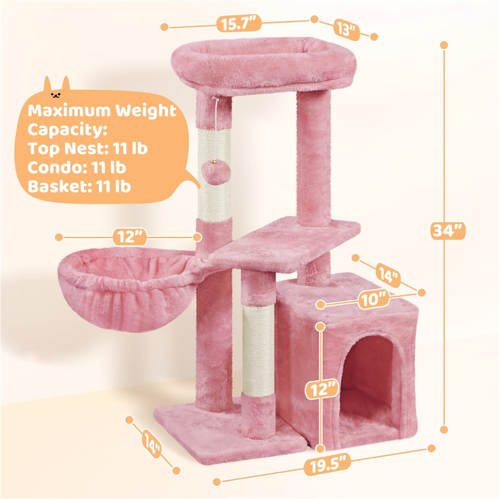 Yaheetech 34" Height Plush Cover Cat Tree with Condo and Sisal Ropes Posts, Pink