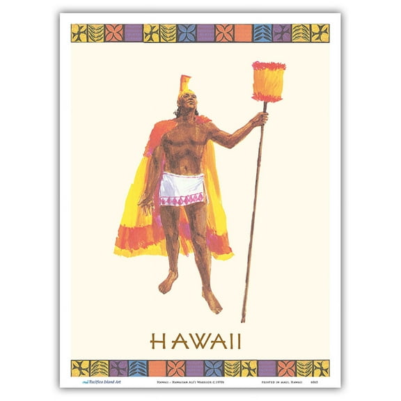 Hawaii - Hawaiian Aliʻi Warrior - Feathered Helmet (Mahiole) and Cloak (ʻAhu ʻUla) - Vintage Airline Travel Poster c.1970s - Master Art Print (Unframed) 9in x 12in