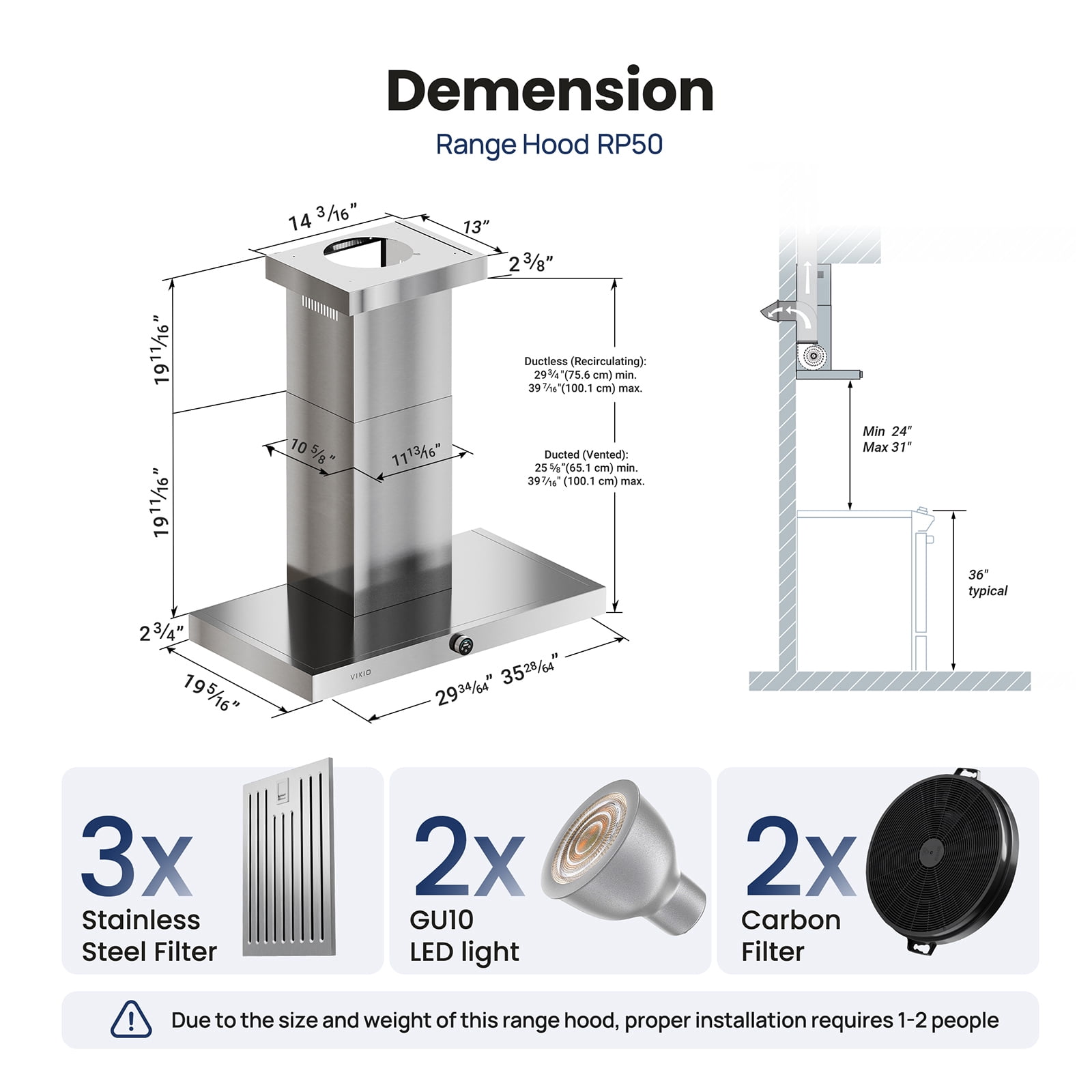 VIKIO 30 inch Wall Mount Range Hood in Stainless Steel, 800 CFM, Convertible Ductless, 3-Ways Venting, 2-Baffle Filters, Rotary Dial