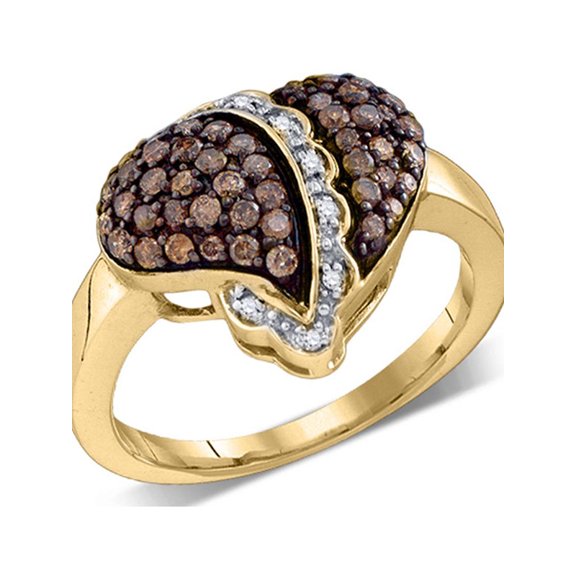 10kt Yellow Gold Womens Round Cognac-brown Color Enhanced Diamond Heart Love Ring 5/8 Cttw