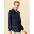thumbnail image 4 of Blusa De Manga Larga Con Cuello Peter Pan Y Volantes Para Mujer Azul marino S, 4 of 6