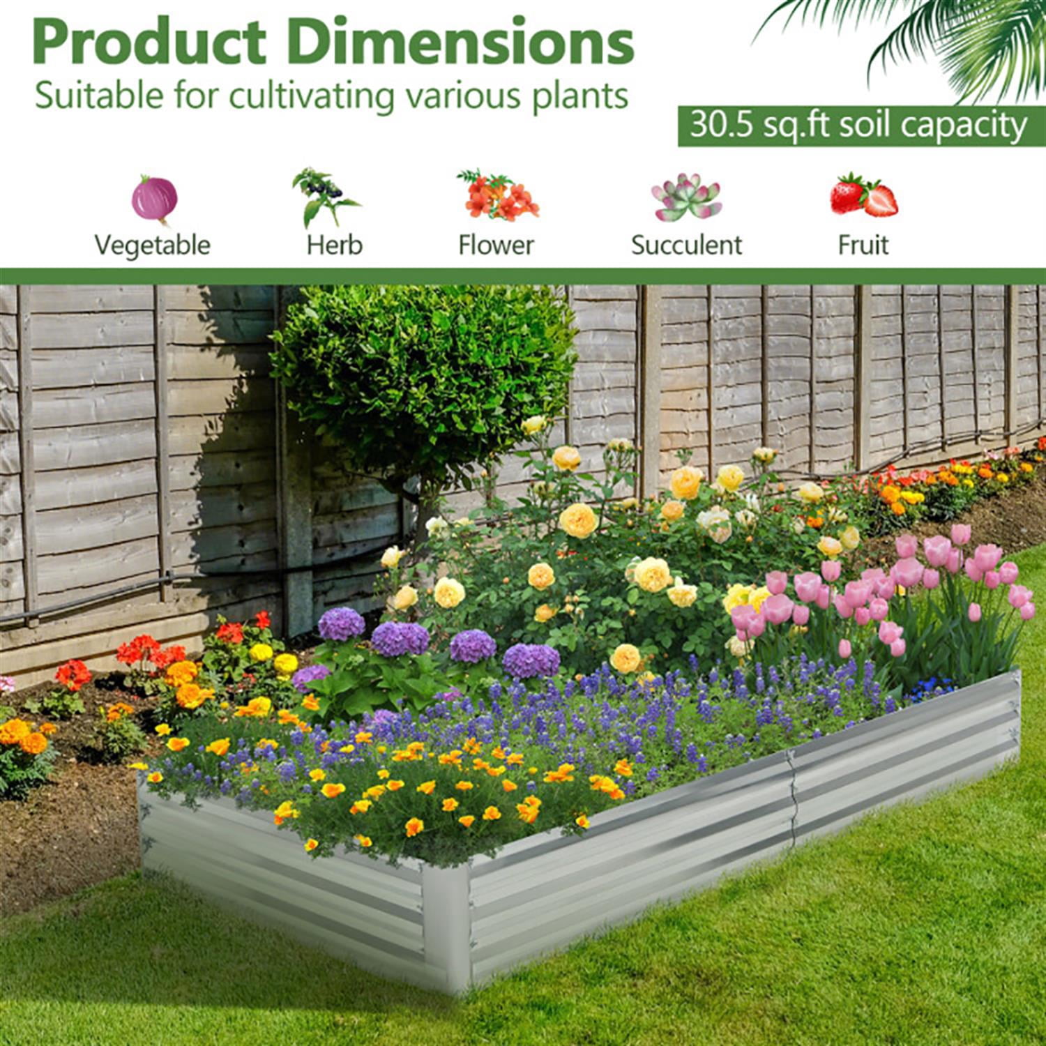 Spaco 8 x 4 Feet Galvanized Raised Garden Bed with Open-Ended Base, Elevated Planter Box Stand for Patio, Lawn, Yard, Balcony, Silver