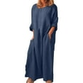 thumbnail image 2 of Womens Comfy Cotton Linen Summer Dress Pocket Crew Neck Long Sleeve Boho Maxi Dresses 2023 Casual Beach Sundress (XX-Large, Navy), 2 of 5