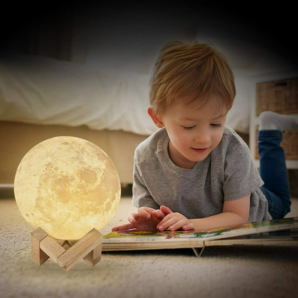 1W 3D Print Moon Lampe USB de charge Touch Control 7-couleur changeant LED  Lumière de nuit économie d'énergie avec support en bois Base, Diamètre: 8cm