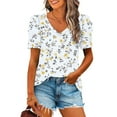 thumbnail image 2 of Puff Short Sleeve Blouse for Womens V Neck T Shirt Flower Printed Tops Loose Fitted Tees Dressy Casual Summer Tshirt Outdoor Sets Beach Travel Vacation Clothes, 2 of 5