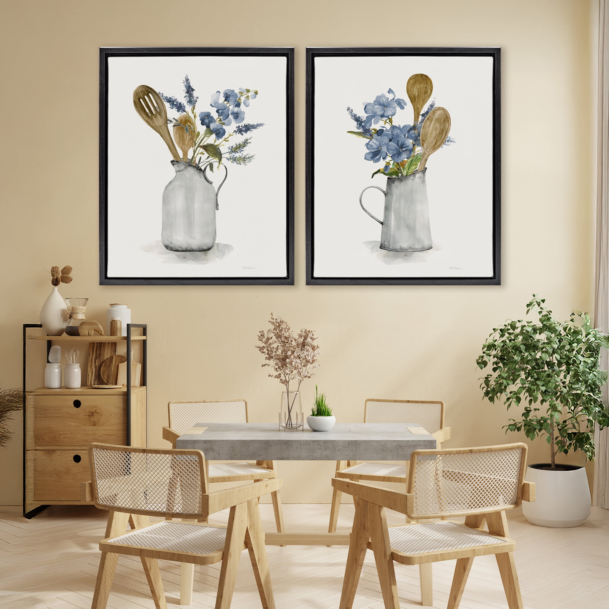Stupell Industries Kitchen Pitcher Bouquets 2 Piece Black Framed Floater Canvas Set, design by Carol Robinson