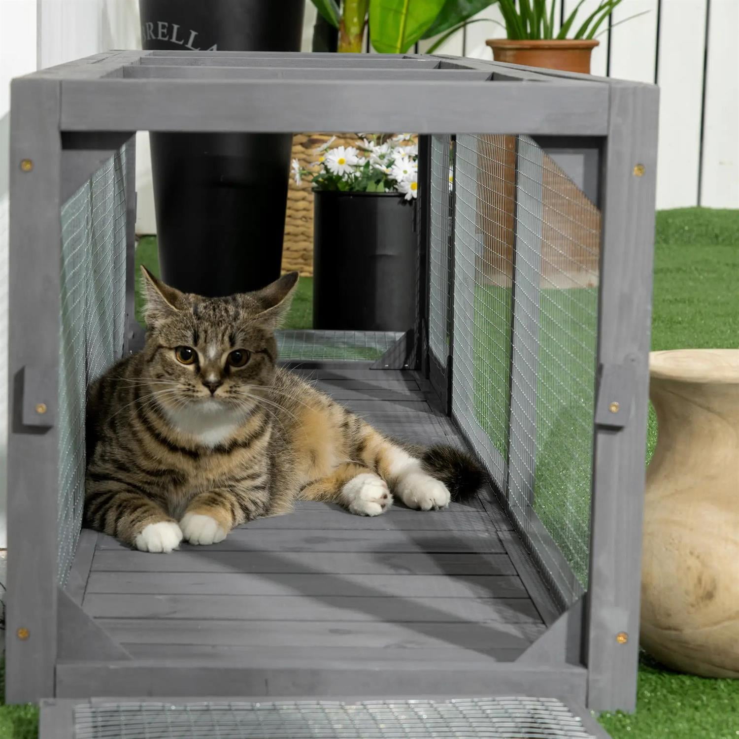 Pefilos 59" Outdoor Cat Tunnel with Weather Protection, Connecting Inside and Outside, Wooden Catio House for Deck Patios, Balconies, Indoor Cat Enclosure, Gray