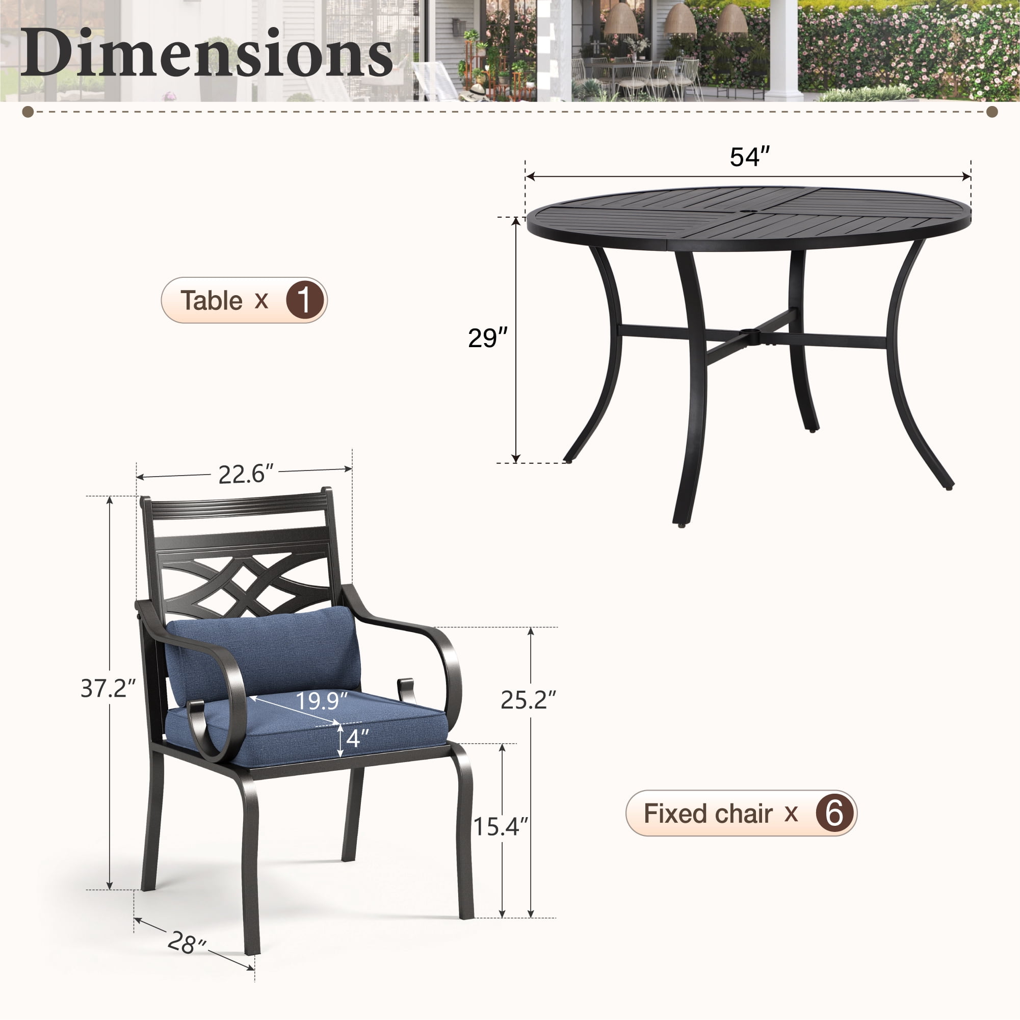 SUMMIT LIVING 7-Piece Outdoor Patio Dining Set with 6 Cushioned Chairs & Metal Round Table with Umbrella Hole, Black & Blue
