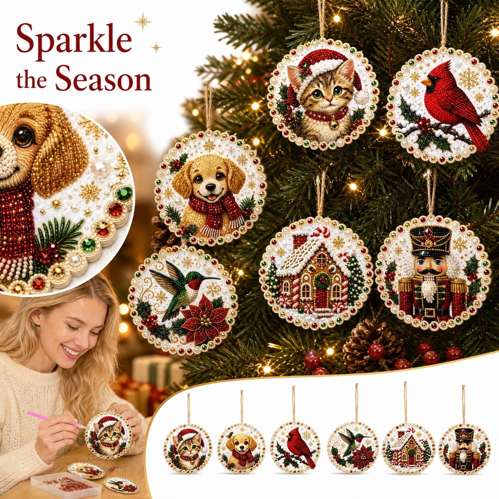 6PCS Christmas Diamond Painting Ornaments Kit Pearl Sticker Art Set for Kids Adults DIY Holiday Tree Hanging Decorations Stocking Stuffers Party Favors