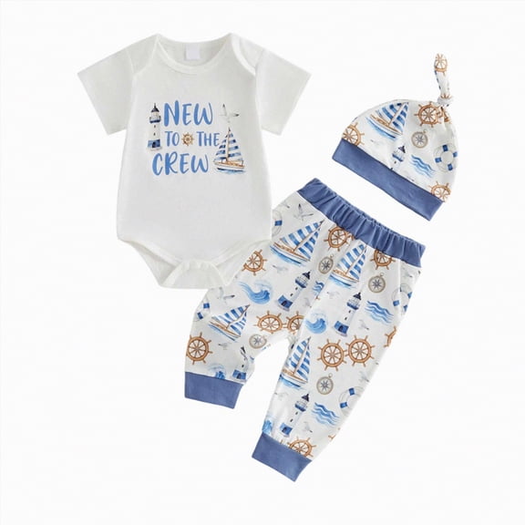 Newborn Baby Boy Summer Clothes Boys Cute Outfit New to The Crew Nautical Short Sleeve Romper and Pants Set
