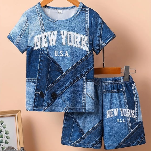 HAYIMI Kids Boys Summer Denim Like Letter Print Shorts Set Casual Round Neck Two Piece Outfit Stylish Child Clothes Sets
