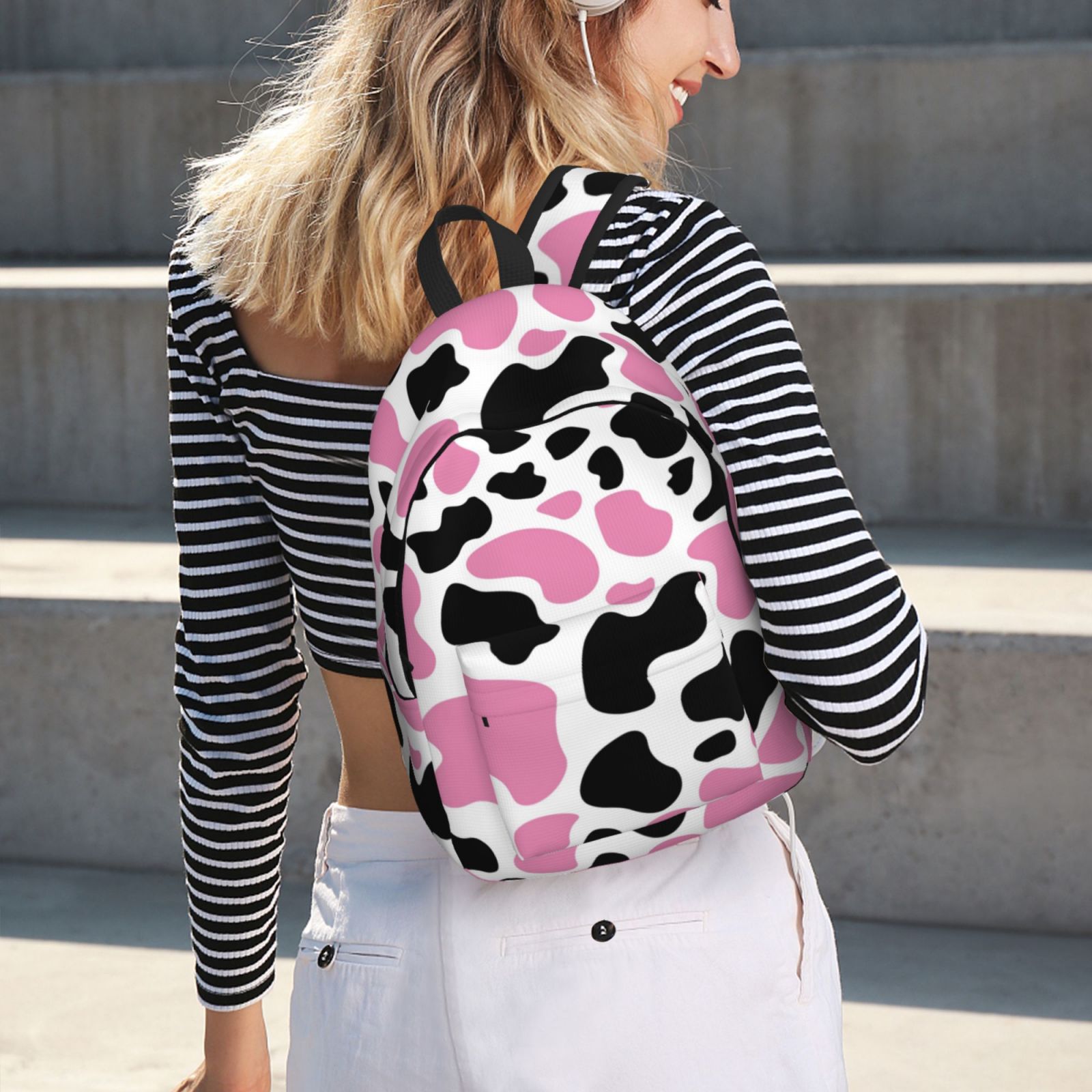 Picia Cow Spots Printed Canvas Daypack - Stylish and Durable Vintage Compact Backpack - Class, Work, Travel, or Laptop Bookbag,Organized Compartments-Medium