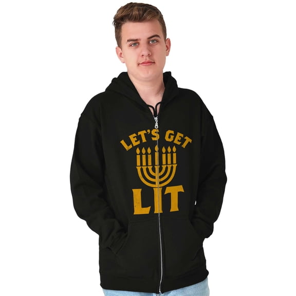 Hanukkah Menorah Let's Get Lit Zip Up Hoodie Men's Women's Brisco Brands S