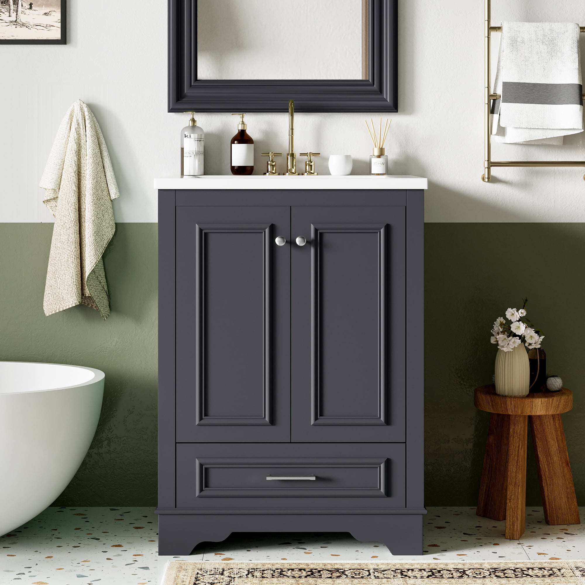 Euroco 24" Bathroom Vanity with Sink, Modern Bathroom Cabinet with Ceramic Basin & Adjustable Storage, Solid Wood Frame Vanity