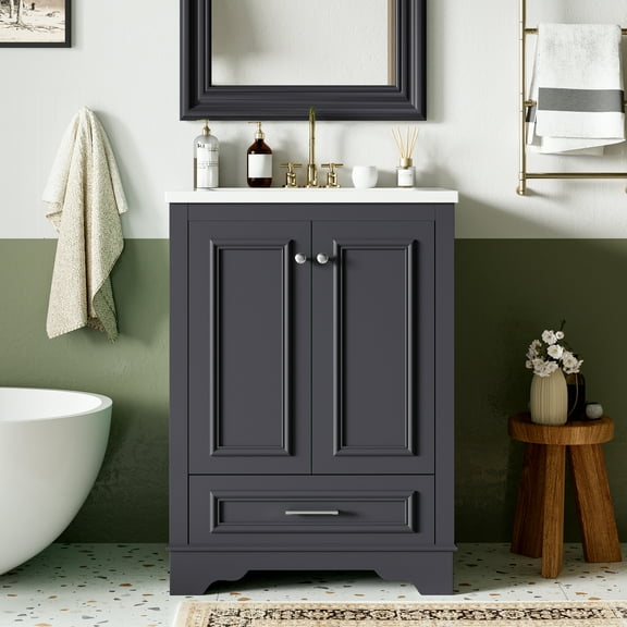 24'' Bathroom Vanity with Ceramic Sink Combo, Modern Freestanding Storage Cabinet with Silver Handles, Soft Closing Doors