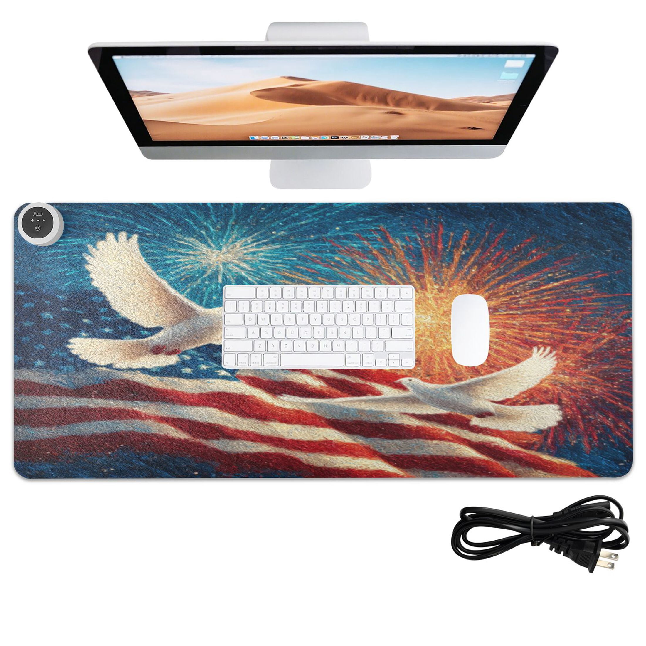 Large Heated Desk Mat Mouse Pad 31.5"x13"PU Leather Graphene Heating Desk Warmer with 3 Temperature Settings 110V US Plug Non-Slip Warm Pad for Home, Office, and Gaming White Dove and American Flag